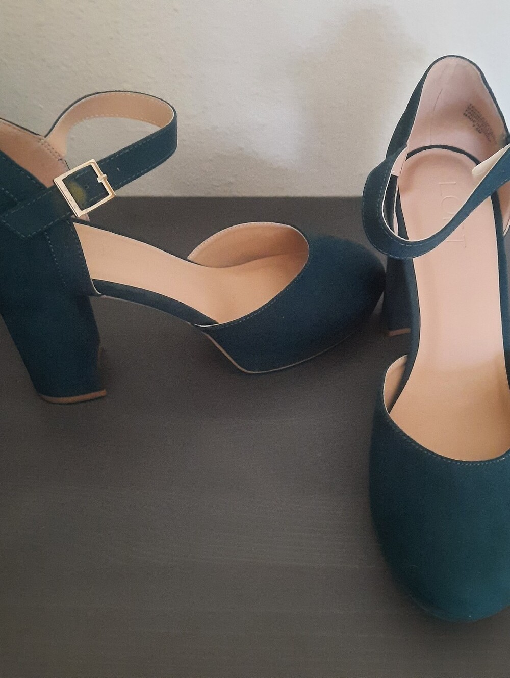 LOFT Dark Green Suede Block Heel Ankle-Strap Pumps